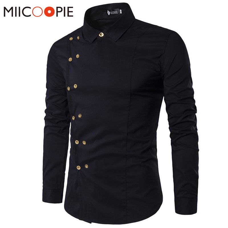 Spring Shirts Men Personality Oblique Button Irregular Double Breasted Men Long Sleeve Camisa Masculina Male Slim Fit Shirt 1